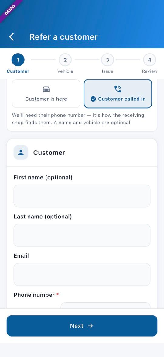 App screen: Tap Customer called in