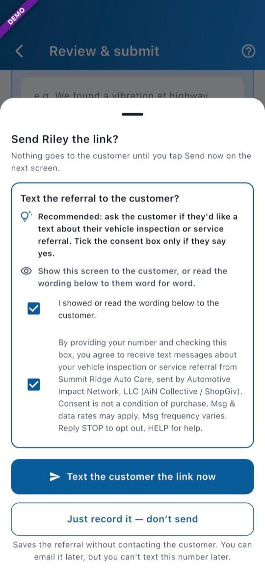 App screen: Text, email, or just record it