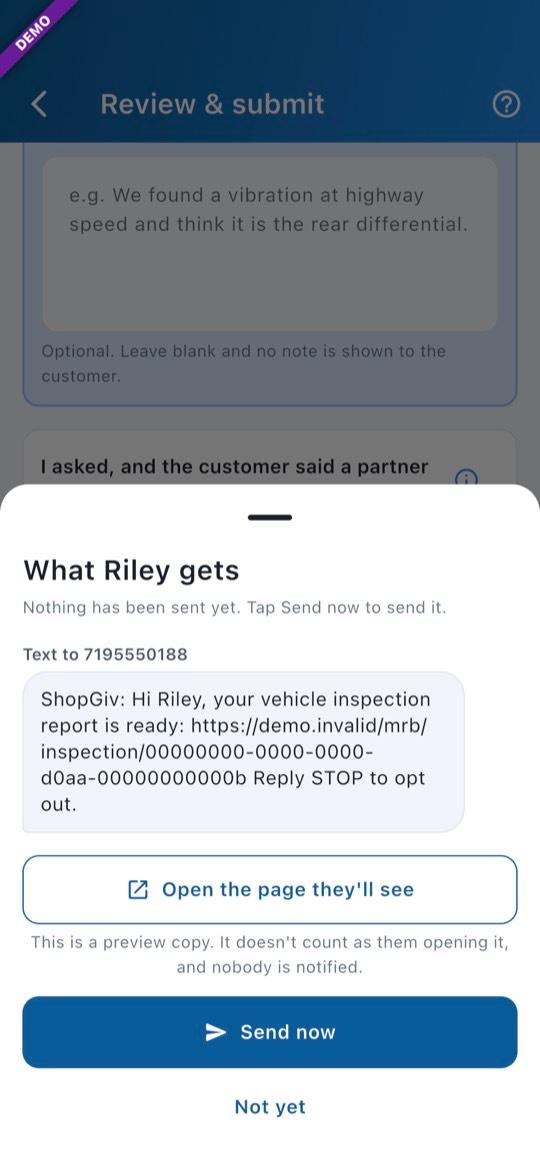 App screen: Check what they get, then Send now