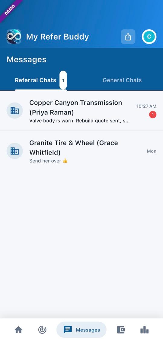 App screen: Referral Chats and General Chats