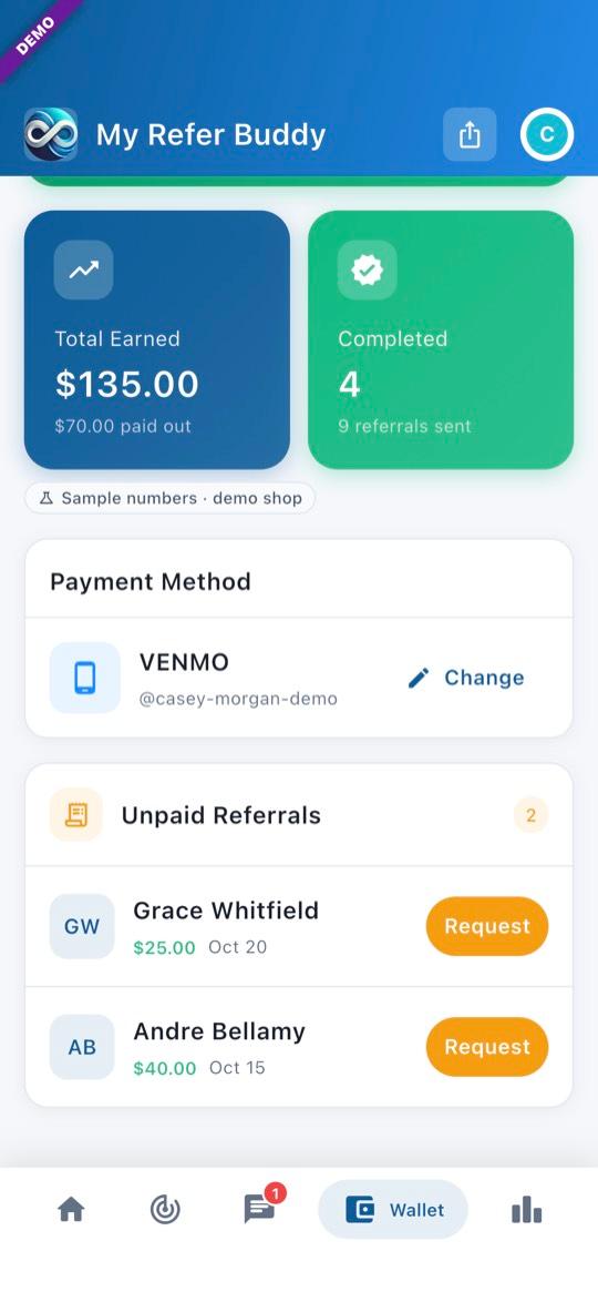 App screen: Unpaid referrals