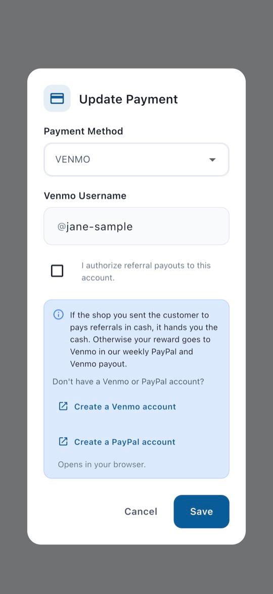 App screen: Add your payout method