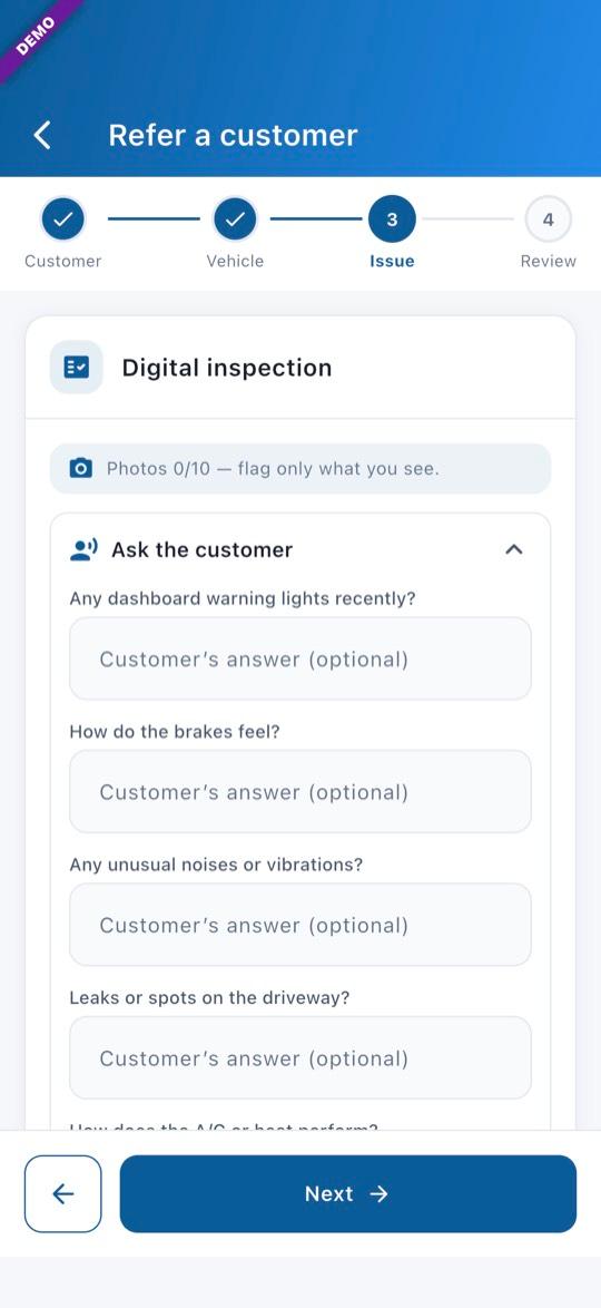 App screen: Ask the customer (DVI shops)