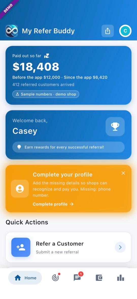 App screen: Tap Refer a Customer