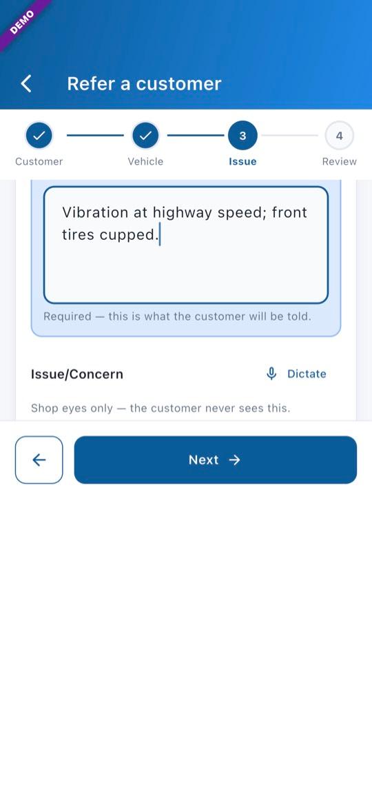 App screen: Describe the issue