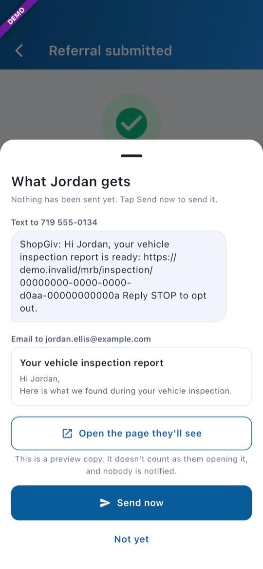 App screen: Check what they get, then Send now