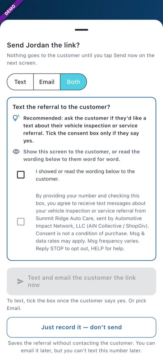 App screen: Submit, then choose how to reach them
