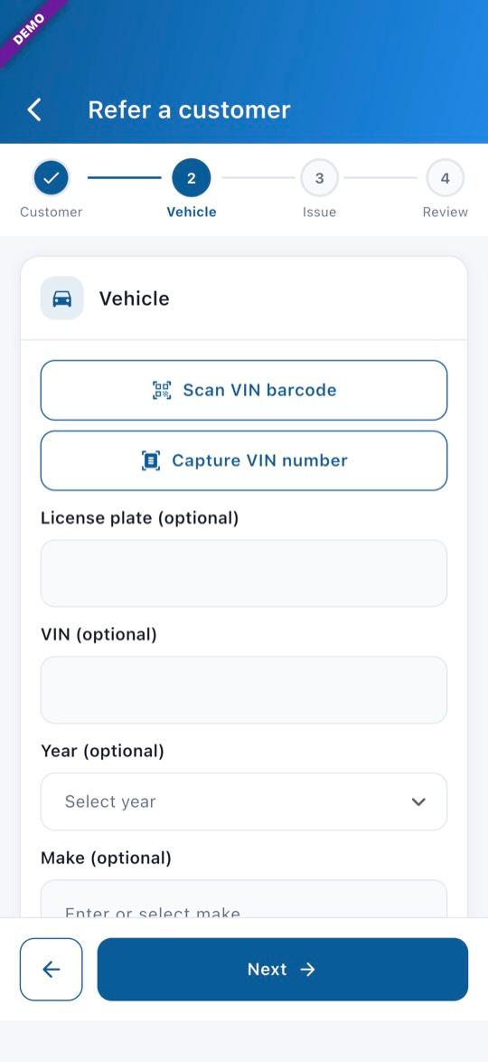 App screen: Add the vehicle